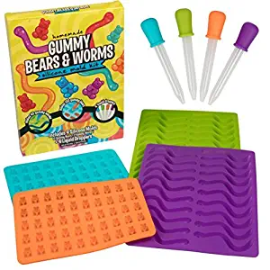 Gummy Bear & Worm Mold Trays - XL 4 PACK for 140 Candies - 4 FREE Droppers Included- FDA-Approved BPA-Free Nonstick Silicone