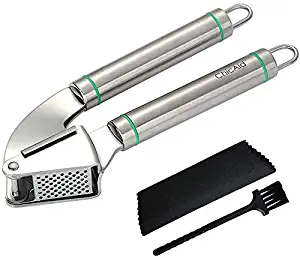 Garlic Press, ChicAid Stainless Steel Mincer Crusher with Garlic Roller Peeler Set, Rust-Proof, Easy Squeeze, Easy Clean