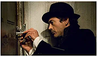 Sherlock Holmes (2009) 8 inch x 10 inch PHOTOGRAPH Robert Downey, Jr. Profile in Black Hat & Coat Picking Door Lock kn