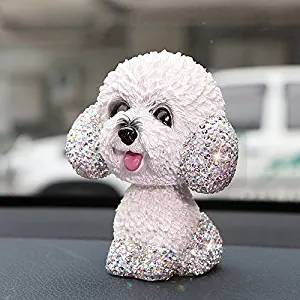 TISHAA Bling Dazzling Adorable White Poodle Puppy Dog Car Dashboard Ornament Attachment, Great Gift