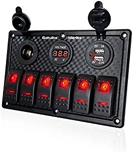 6 Gang Rocker Switch Panel Red - Digital Voltmeter Display Dual 5V USB Charger Socket DC 12V Slot Red LED Lighted Switches 12V-24V Circuit Breaker Switching Used for Marine Boat Car Vehicles Bus