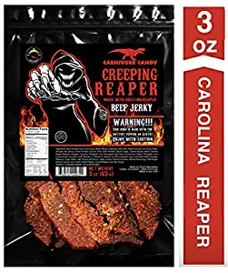 JURASSIC JERKY’S “CREEPING REAPER” Carolina Reaper Beef Jerky (1)-3oz Bag The Reaper is the HOTTEST Pepper in the world! Sweet with Heat~