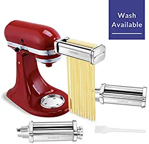 Geesta 3 Piece Pasta Roller and Cutter Attachment e for KitchenAid Mixers Wash Available Stainless Steel Sheet Roller, Spaghetti and Fettuccine Cutters, Cleaning Brush - 8 Thickness Settings