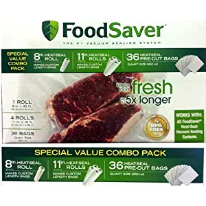 FoodSaver B005SIQKR6 Special Value Vacuum Seal Combo Pack 1-8" 4-11" Rolls 36 Pre-Cut Bags, 1Pack), Clear