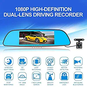 LSUTR 7" Mirror Dash Cam,1080P Backup Camera Front and Rear Dual Lens Car Camera Video Streaming Rear View Mirror Camera Super Night Vision Parking Assistance (Dual Record)