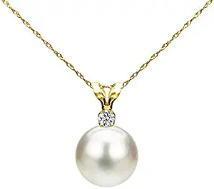 14k Gold Single 7-7.5mm White Cultured Freshwater Pearl and Diamond Pendant Necklace (G-H, SI1-SI2) - Choice of Gold Color and Diamond Size Valentines Gifts
