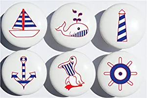 Red and Navy Blue Nautical Drawer Pulls Ceramic Cabinet Knobs Nursery Decor Set of 6 (Red and Navy Blue)