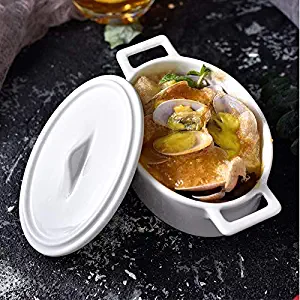 SEYMM Binaural baked white porcelain bowl with a lid oval baking the dessert bowls nest shark's fin soup cup SEYMM (Color : White, Size : 220ml)