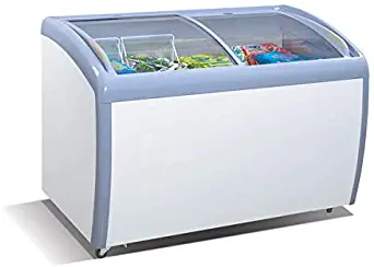 Tiger Chef Commercial Angle Curved Top Chest Freezer Glass Top, Deep Ice Cream Freezer with 2 Wire Baskets, Adjustable Thermostat, Locking Coasters, 9 Cubic Feet, White