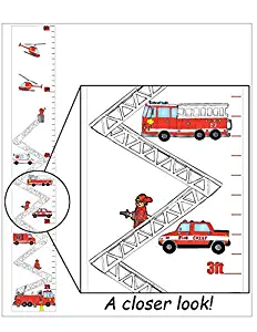 Fire Truck Growth Chart Wall Art Decor Vinyl Removable Adhesive Fire Fighters Wall Decals Stickers