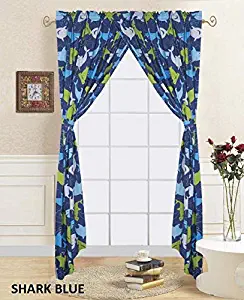 Sapphire Home Kids Window Curtain Panels w/tie-Backs for Boys (2 Panels), Sharks Print Blue Green Window Curtain for Boys, Boys Kids Room Décor, Sharks Blue Curtains