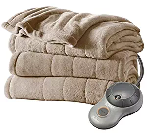 Heated Blanket Sunbeam Microplush Heated Blanket Ultra Soft Imperial Plush TWIN Mushroom (Beige)