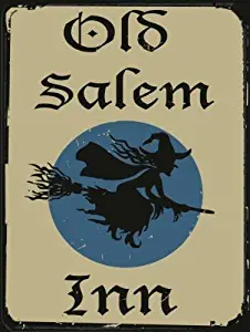 NNHG Tin Sign 8x12 inches Old Salem Inn Metal Sign, Vintage Halloween Witch on Broomstick