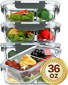 [5-Packs,36 Oz]Glass Meal Prep Containers 2 Compartments Portion Control with Upgraded Snap Locking Lids Glass Food Storage Containers BPA-Free, Microwave, Oven, Freezer and Dishwasher Safe (4.5 Cups)