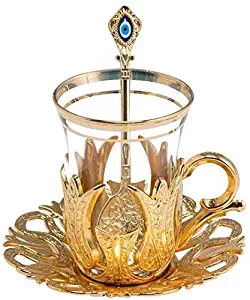 LaModaHome 24 Pieces Tea Glasses with Holders Spoons and Saucers Set of 6 - Vintage Teapot Tulip Design Ottoman Arabic Gift Set, Gold