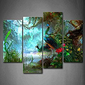 Two Peacocks Walk in Forest Beautiful Wall Art Painting The Picture Print On Canvas Animal Pictures for Home Decor Decoration Gift