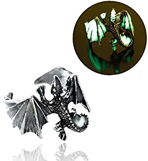 18mm Adjustable Vintage Glow in The Dark Luminous Dragon Rings for Men Women Rings (Antique Silver Yellow and Green)