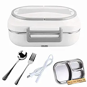 JMCQOO Electric Heating Lunch Box, Portable Bento Meal Heater Removable 304 Stainless Steel Inner Box Heater Container 110V and 12V Dual Use Heating Lunch box for Car Office Home (Gray)