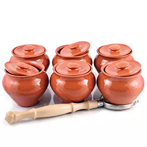 Stoneware Ramekins with Lids (Set of 6) & 1 Oven Fork - 16.9 fl oz (500 ml) - Clay Pots for Cooking