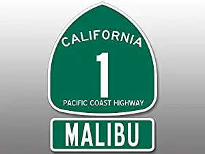 MAGNET 2 Pcs: 4x5.5 inch PCH Highway 1 Sign and MALIBU Stickers -beach california route Magnetic vinyl bumper sticker sticks to any metal fridge, car, signs