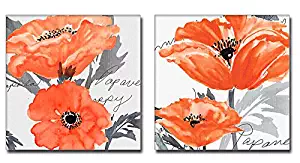 2 Pieces Orange and Gray Wall Decor Poppy Flower Canvas Art (Stretched Canvas)