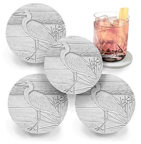 Egret Drink Coasters, Very Absorbent Coasters for Beach House, Nautical Decor, Shore birds Home Decor, McCarter Coasters, 4.25 inch (4pc), off-white color