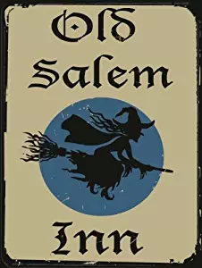 Old Salem Inn Metal Sign, Vintage Halloween Witch on Broomstick
