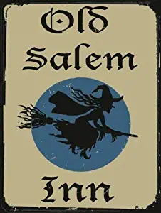 9Ginkgo& New Tin Sign Metal Sign Old Salem Inn, Vintage Halloween Witch on Broomstick for House, Home or Business 8 x 12 inches