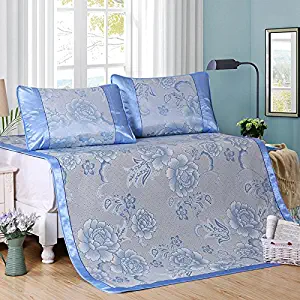 Zhiyuan Folding Non-Slip Peony Silky Synthetic Rattan Cooling Summer Sleeping Mat Pillowcases Set,Queen,Light Blue