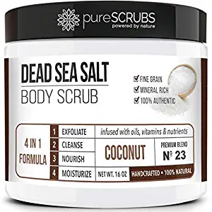 Premium Organic Body Scrub Set - Large 16oz COCONUT BODY SCRUB - Pure Dead Sea Salt Infused with Organic Essential Oils & Nutrients + FREE Wooden Spoon, Loofah & Mini Organic Exfoliating Bar Soap