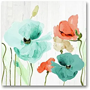 Genius Decor - Watercolor Poppies Flowers in Teal and Coral Wall Art Canvas Print for Home Decor, Ready to Hang (Teal Coral, 20x20inch)