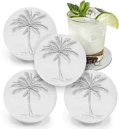 Palm Tree Drink Coasters, Very Absorbent Coasters for Beach House, Nautical Decor, Home Decor, McCarter Coasters, 4.25 inch (4pc), off-white color