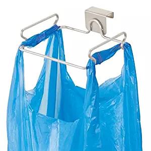 mDesign Over The Cabinet Metal Wire Small Garbage Container, Trash Bag Holder Rack for Recycled Reusable Disposable Plastic Shopping Grocery Bags for Kitchen, Pantry, Garage, Bathroom - Satin