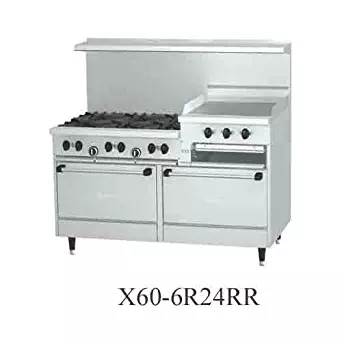 Garland X60-6R24RS Sunfire 60" Gas Restaurant Range with (6) 30,000 BTU Open Burners, 24" Raised Griddle/Broiler, (1) Standard Oven & (1) Storage Base