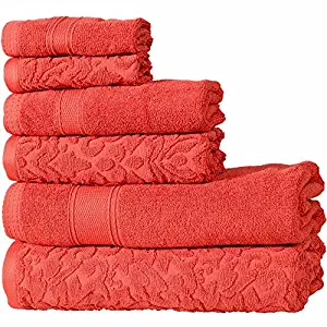 IntradeGlobal Luxury Soft Autumn Groove 6 Piece Cotton Towel Set with a Pair of Marble Cabinet Knobs, Mid Red