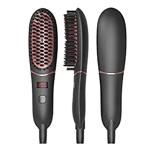 Ionic Hair Brush Straightener, Portable Ceramic Hair Straightening Brush, Straightening Comb with LED Display, Heating Brush for Men Women Home Travel (Black)