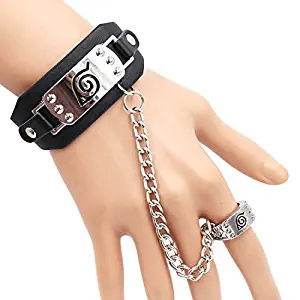 SHEPHER PET BOWLS OIVA Anime Naruto Shippuden Konoha Leaf Village Logo Bracelet Ring Punk Rivet Cosplay