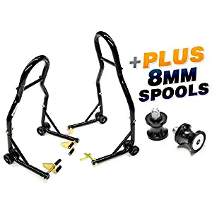 Venom Sport Bike Venom Motorcycle Front & Rear Combo Wheel Lift Stands Fork & Swingarm Stands Paddock Stands + Low Profile 8mm Black Swingarm Spools (Fits Most Honda/Suzuki Bikes)