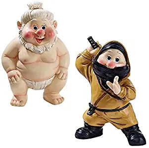 Garden Gnome Statue - Far East Garden Fighters Sumo Wrestler & Ninja Gnome Set - Lawn Gnome