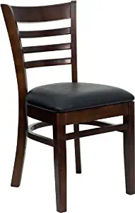 Offex Walnut Finished Ladder Back Wooden Restaurant Chair with Black Vinyl Seat