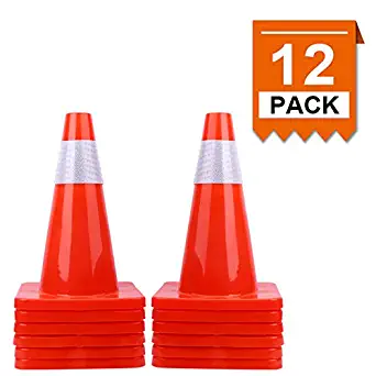 [ 12 Pack ] 18" Traffic Cones PVC Safety Road Parking Cones Weighted Hazard Cones Construction Cones for Traffic Fluorescent Orange w/4" Reflective Strips Collar