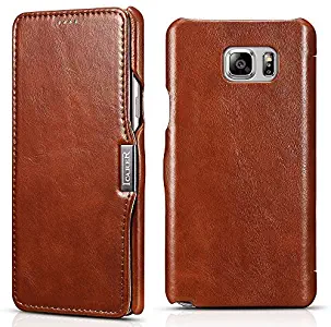 Samsung Galaxy Note 5 Leather Case, Icarercase Genuine Vintage Leather Wallet Case with Card Slot, Side Open in Ultra Slim Style, Flip Folio Cover with Magnetic snap for Samsung Note 5 (Brown)
