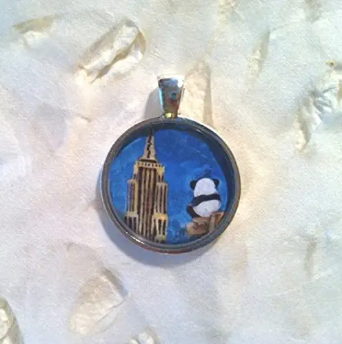 Panda Art Pendant, Panda Print, Panda sitting on the Chrysler Building Looking at The Empire State Building, Panda Portrait on a Light Blue Sapphire Background Handmade Jewelry Art Pendant