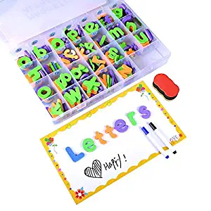 LQS Alphabet Magnets Magnetic Letters for Kids with Magnetic Board - ABC Uppercase Lowercase Punctuation and Storage Box - Classroom & Home Education Learning Set for Vocabulary Sentence Building