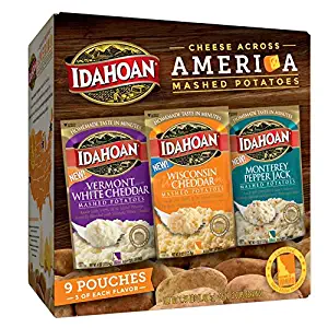 Idahoan Cheese Across America Variety Pack featuring Vermont White Cheddar, Wisconsin Cheddar, and Monterey Pepper Jack Mashed Potatoes, Combo Pack of 9 Pouches (4 servings each)