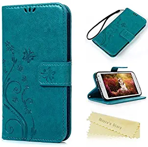 Mavis's Diary S5 Case,Samsung Galaxy S5 Case Embossed Wallet Premium PU Leather with Fashion Floral Butterfly Magnetic Clasp Card Holders Soft TPU Rubber Inner Case Flip Cover with Hand Strap (Blue)
