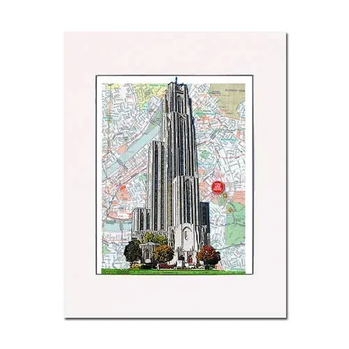 The Cathedral of Learning or the Tower of Knowledge, 42 story building (1921) on the U of Pitt campus. Art Print. You Are Here. Gallery Quality. Matted at 11 inches x 14 inches and Ready to Frame.