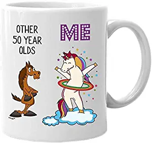 50th Birthday Mug 50 Year Old Gifts For Women Men Born In 1970 - Age Fifty Funny 5oth Mom Dad Daughter Son Happy Bday Yr Party Coffee Tea Cup - Unicorn Hula Hoop 11 oz Mugs for Women and Men MUC1718