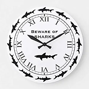 EnjoyHome Circling Sharks Beware of Sharks Fishing Boat Silent Non-Ticking Quartz Wooden Clock, Large Wall Art Decorative for Living Room, Kids Room, Kitchen, Cafe or Bar