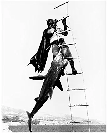 Adam West as Batman Climbing Rope Ladder with Shark 8 x 10 Inch Photo